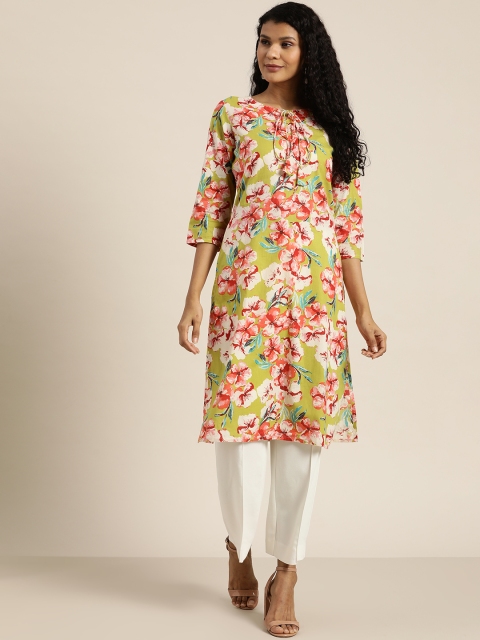 

Sangria Women Green & Orange Floral Print Straight Kurta