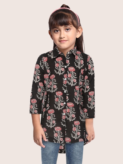 

Sangria Girls Black & Red Floral Printed Shirt Style Pure Cotton Top