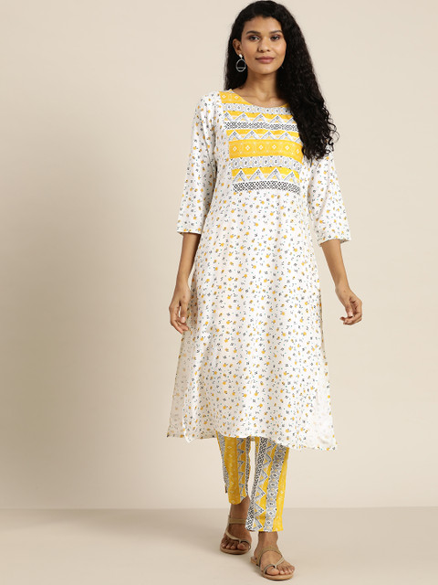 

Sangria Women White & Mustard Yellow Printed Kurta with Trousers