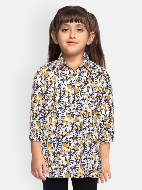 

Sangria Girls White & Navy Blue Ethnic Print Pleated Shirt Style Top