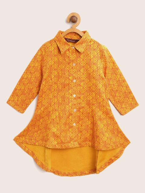 

Sangria Girls Mustard Yellow & Red Geometric Print Longline High-Low Shirt Style Top