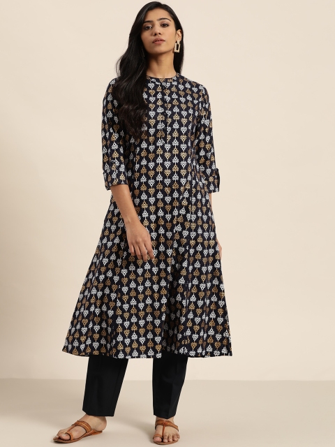 

Sangria Women Navy Blue & Golden Printed A-Line Kurta