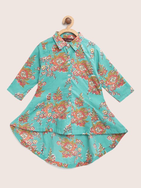 

Sangria Girls Sea Green & Orange Floral Printed Longline Shirt Style Pure Cotton Top