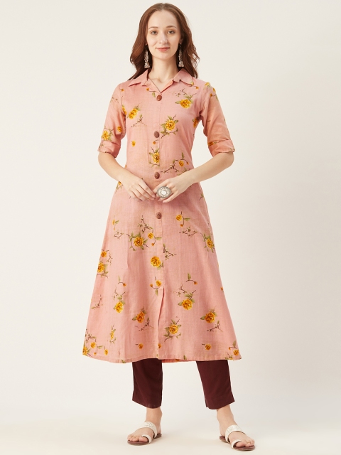 

shiloh Women Peach-Coloured & Burgundy Floral Print Kurta with Trousers