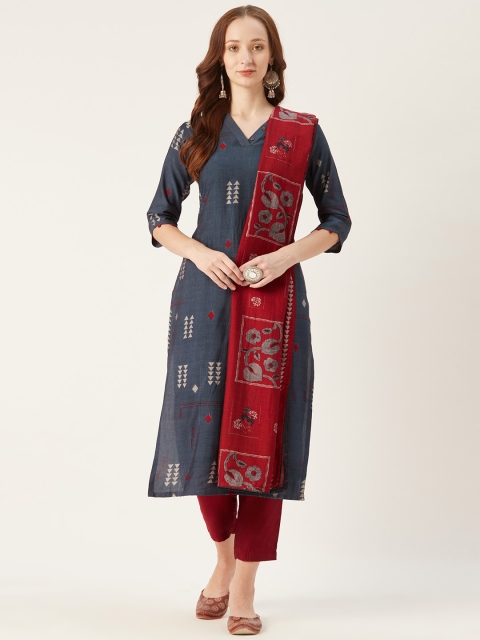 

shiloh Women Navy Blue & Maroon Printed Kurta with Trousers & Dupatta