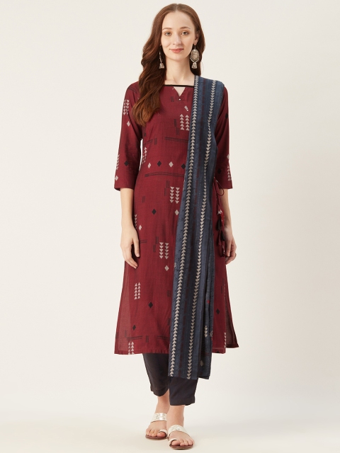 

shiloh Women Maroon & Navy Blue Printed Kurta with Trousers & Dupatta