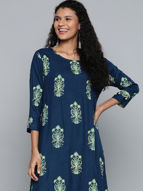 

HERE&NOW Women Navy Blue & Green Ethnic Floral Print Straight Kurta