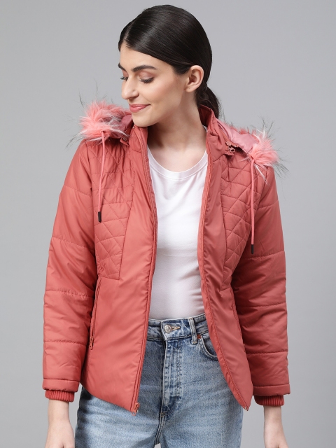

Fort Collins Women Coral Pink Solid Hooded Parka Jacket