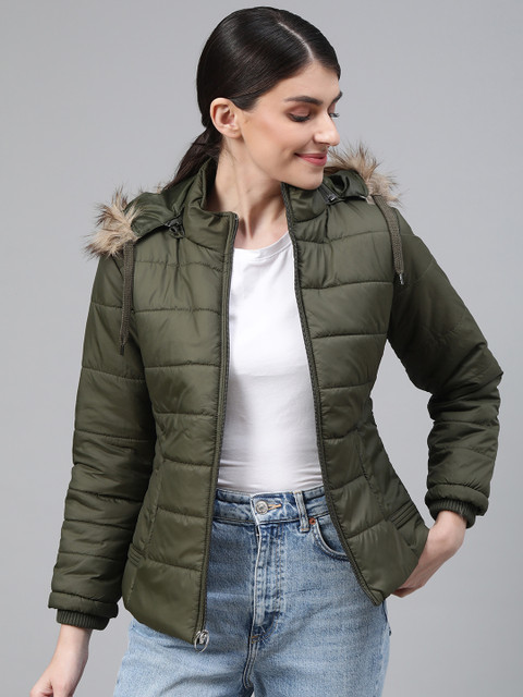 

Fort Collins Women Olive Green Solid Hooded Parka Jacket