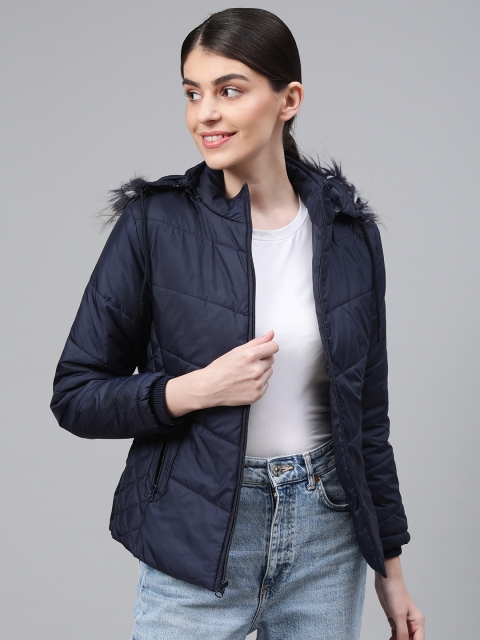 

Fort Collins Women Navy Blue Solid Lightweight Detachable Hooded Parka Jacket