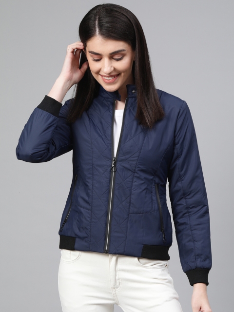 

Fort Collins Women Navy Blue Solid Lightweight Bomber Jacket