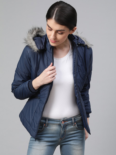 

Fort Collins Women Navy Blue Solid Lightweight Detachable Hooded Parka Jacket
