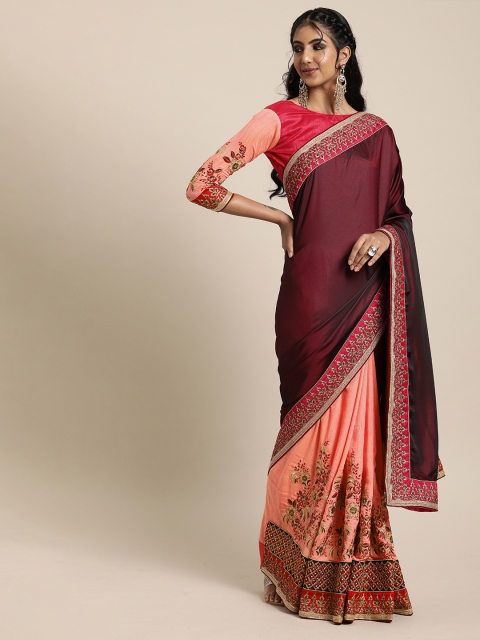 

SHAVYA Burgundy & Peach-Coloured Pure Georgette Solid Half and Half Saree