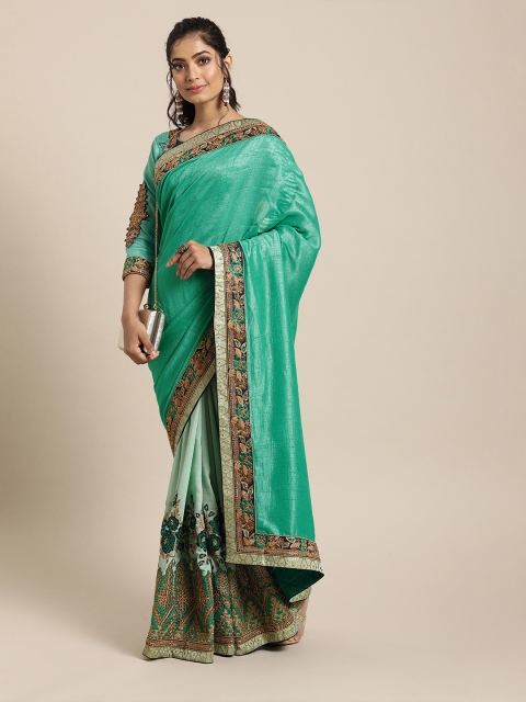 

SHAVYA Teal Green Solid Pure Georgette Half and Half Saree