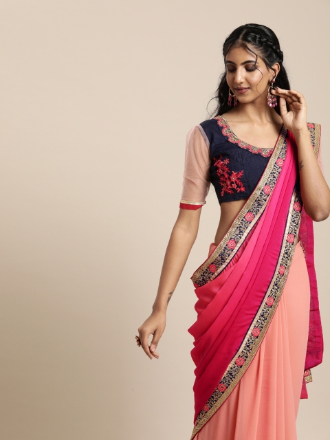 

SHAVYA Pink & Peach-Coloured Pure Georgette Floral Embroidered Saree