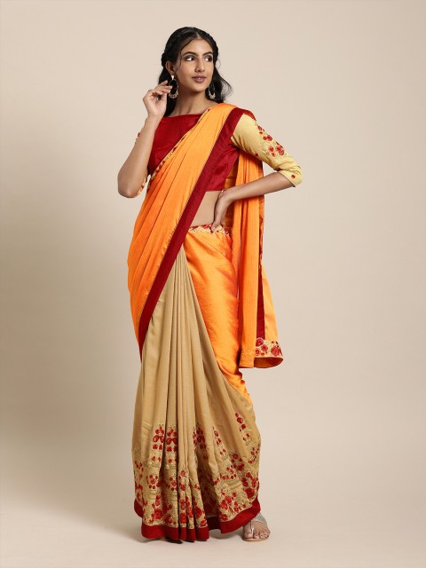 

SHAVYA Orange & Beige Pure Georgette Solid Half and Half Saree