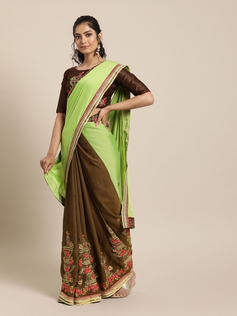 

SHAVYA Green & Brown Pure Georgette Solid Half and Half Saree