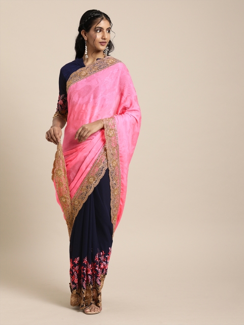 

SHAVYA Pink & Navy Blue Pure Georgette Embroidered Saree