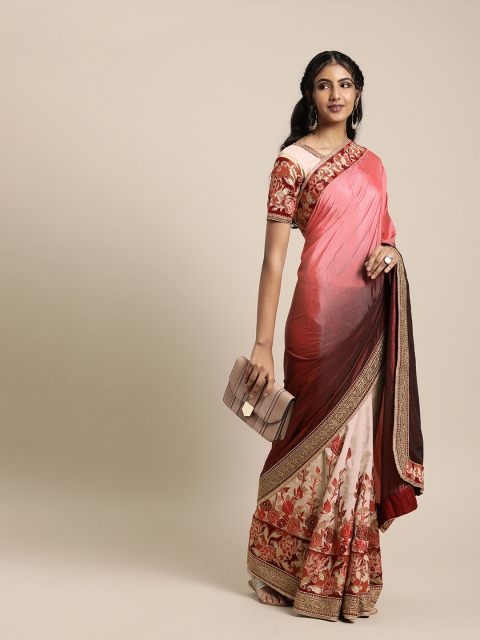 

SHAVYA Pink & Cream-Coloured Pure Georgette Solid Half and Half Saree