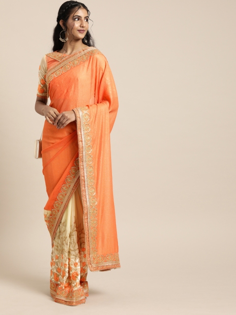 

SHAVYA Orange & Off-White Pure Georgette Floral Embroidered Saree