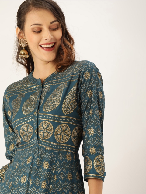 

Varanga Women Teal Blue & Gold-Toned Foil Printed A-Line Kurta