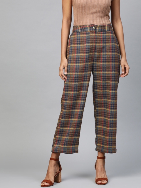 

SASSAFRAS Women Brown & Yellow Tapered Fit Checked Cropped Regular Trousers
