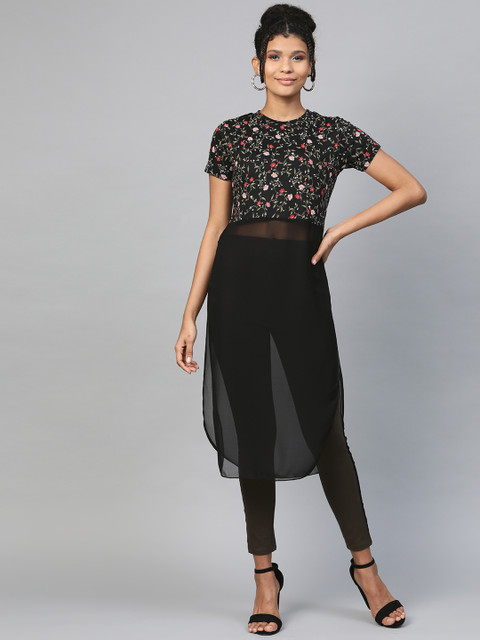 

SASSAFRAS Women Black & Green Floral Print Semi-Sheer Side Slit Longline Top