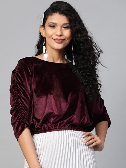 

SASSAFRAS Women Burgundy Solid Velvet Finish Ruched Sleeve Crop Blouson Top