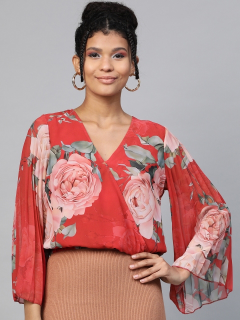 

SASSAFRAS Women Red & Pink Floral Print Blouson Wrap Top