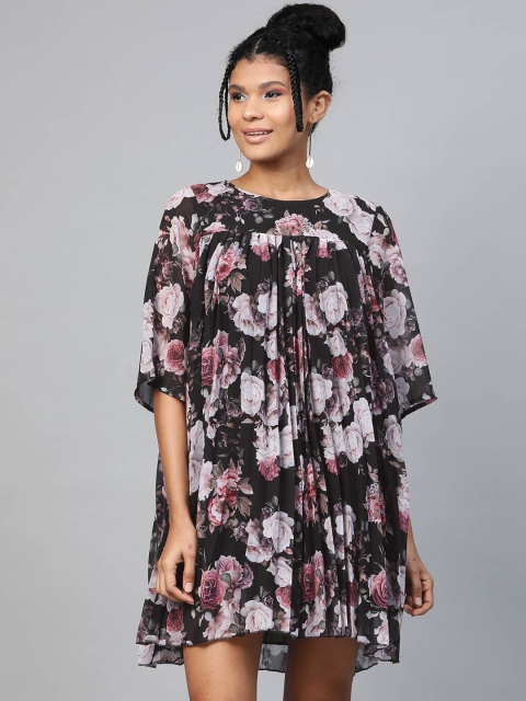 

SASSAFRAS Women Black & Pink Floral Printed Accordion Pleats A-Line Dress