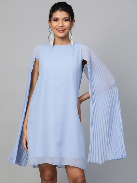 

SASSAFRAS Women Blue Solid Accordion Pleated Cape Sleeves Shift Dress
