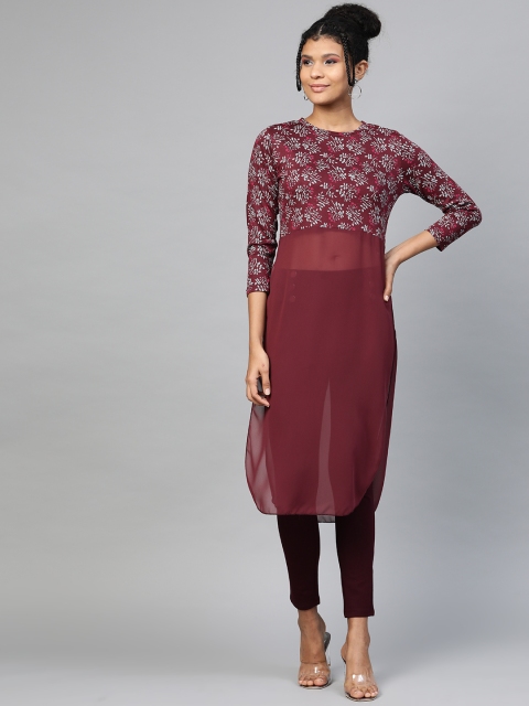 

SASSAFRAS Women Maroon & Blue Floral Print Semi-Sheer Side Slit Longline Top