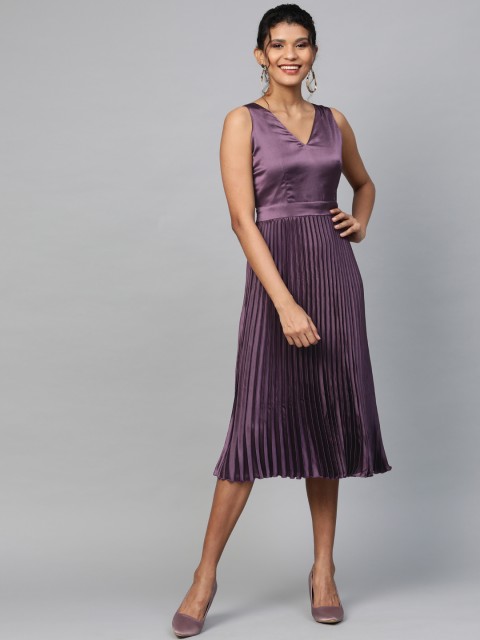 

SASSAFRAS Women Purple Solid Satin Finish Accordion Pleated Fit & Flare Dress