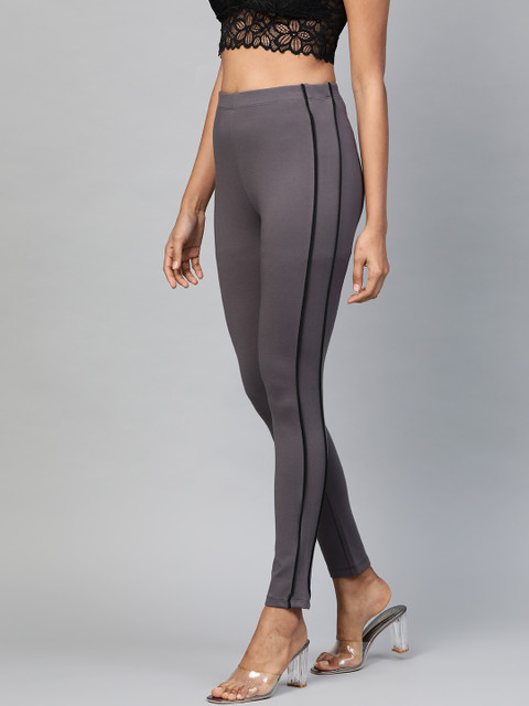 

SASSAFRAS Women Grey Solid Treggings with Double Piping Detail