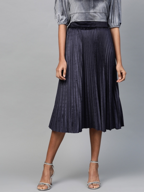

SASSAFRAS Women Navy Blue Solid Accordion Pleated Velvet Midi Flared Skirt
