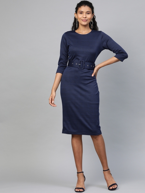 

SASSAFRAS Women Navy Blue & Black Houndsooth Pattern Sheath Dress with Belt