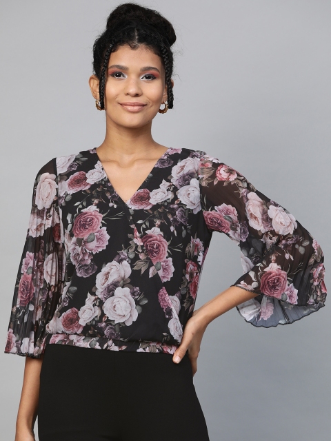 

SASSAFRAS Women Black & Pink Floral Print Blouson Wrap Top