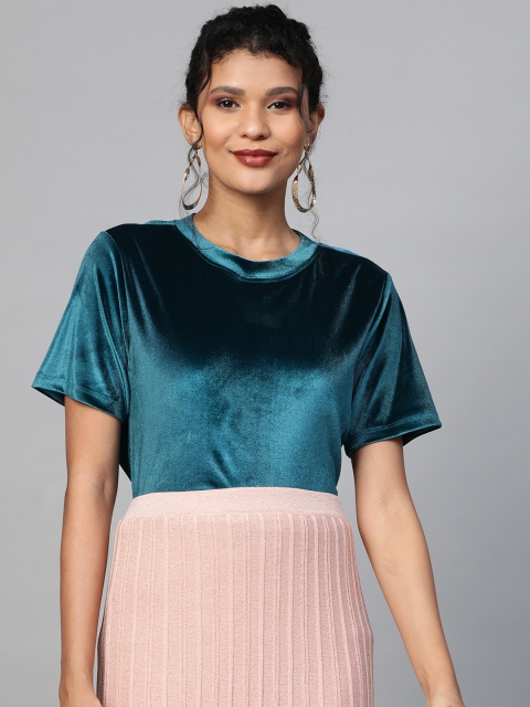 

SASSAFRAS Women Teal Blue Solid Velvet Finish Top