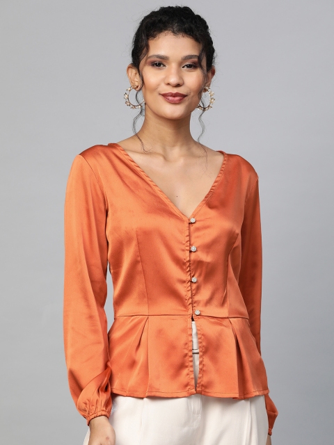 

SASSAFRAS Women Orange Solid Satin Finish Peplum Top