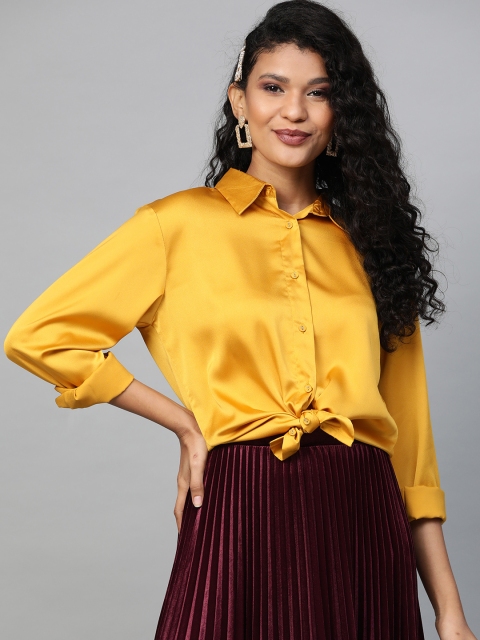 

SASSAFRAS Women Mustard Yellow Solid Satin Finish Casual Shirt