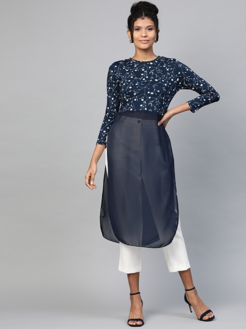 

SASSAFRAS Women Navy Blue & White Floral Print Semi-Sheer Side Slit Longline Top