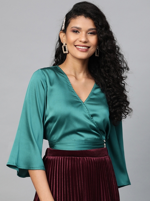 

SASSAFRAS Women Teal Green Satin Finish Solid Crop Wrap Top