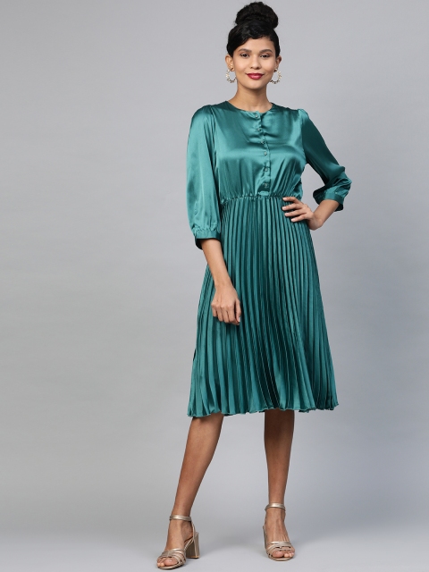

SASSAFRAS Women Teal Green Solid Satin Finish Accordion Pleated A-Line Dress