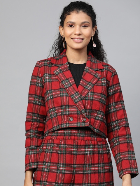 

SASSAFRAS Women Red & Green Comfort Fit Checked Double Breasted Casual Crop Blazer