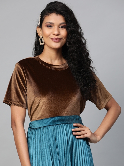 

SASSAFRAS Women Brown Solid Velvet Top With Sheen Effect