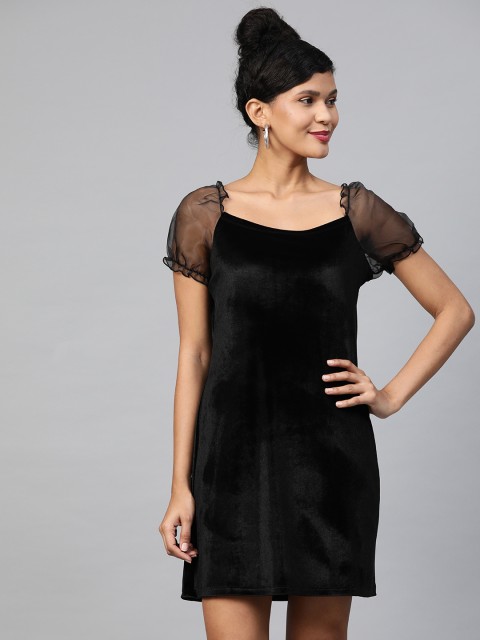 

SASSAFRAS Women Black Solid Velvet Finish Mini A-Line Dress