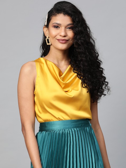 

SASSAFRAS Women Mustard Yellow Satin Finish Solid Cowl Neck Top
