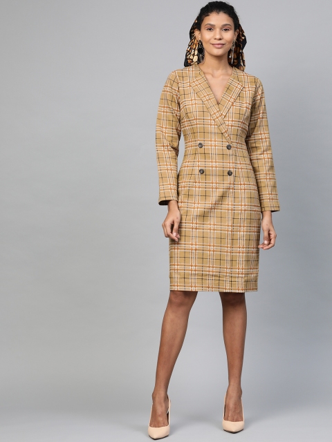 

SASSAFRAS Women Brown & White Checked Trench Dress, Beige