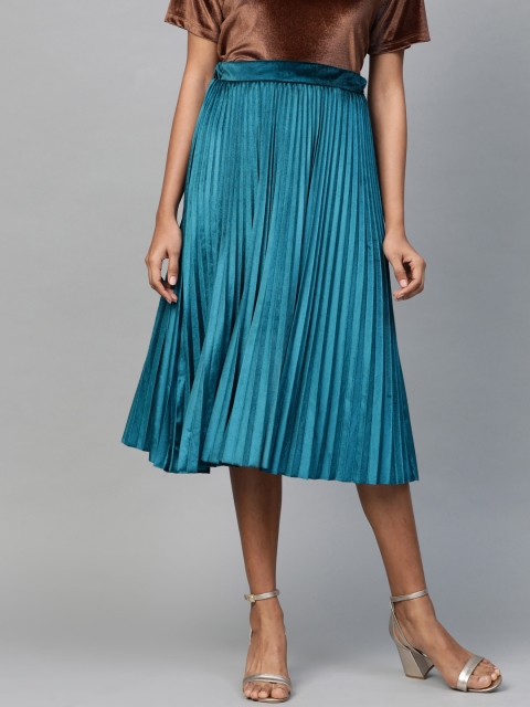 

SASSAFRAS Women Teal Blue Accordion Pleated Velvet Finish Flared Skirt