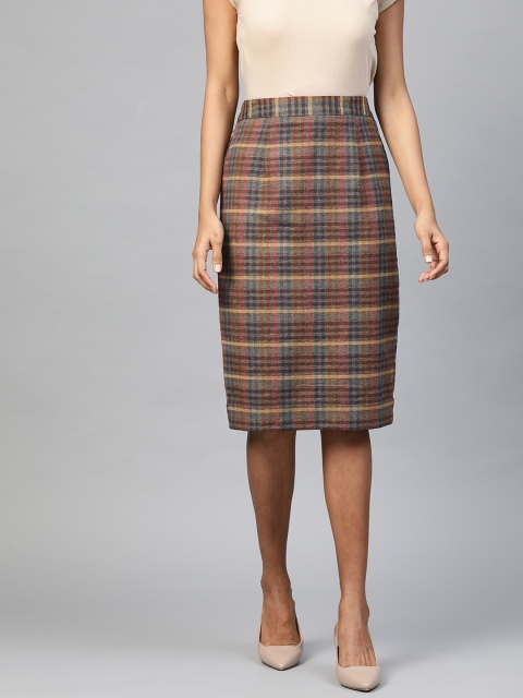 

SASSAFRAS Women Brown & Yellow Jacquard Checked Straight Skirt